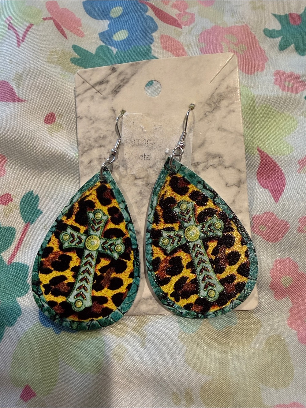 Bold Teardrop Leopard Cross Earrings - Yellow & Turquoise